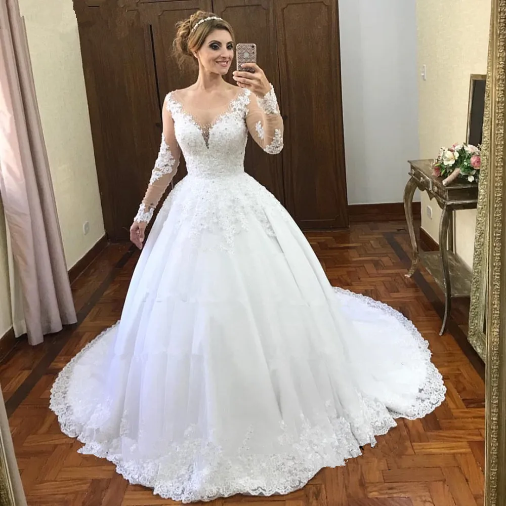 

Luxury Vestido De Noiva Shinning Long Sleeves Beaded Lace Ball Gown Wedding Dress 2019 Custom Made Cheap Robe De Mariage