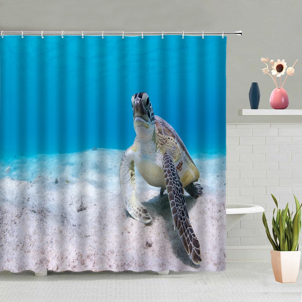 

Blue Ocean Animal Shower Curtain Aquarium Sea Turtle Tropical Fish Reef Stone Underwater World Bathroom Bathing Curtains Hanging