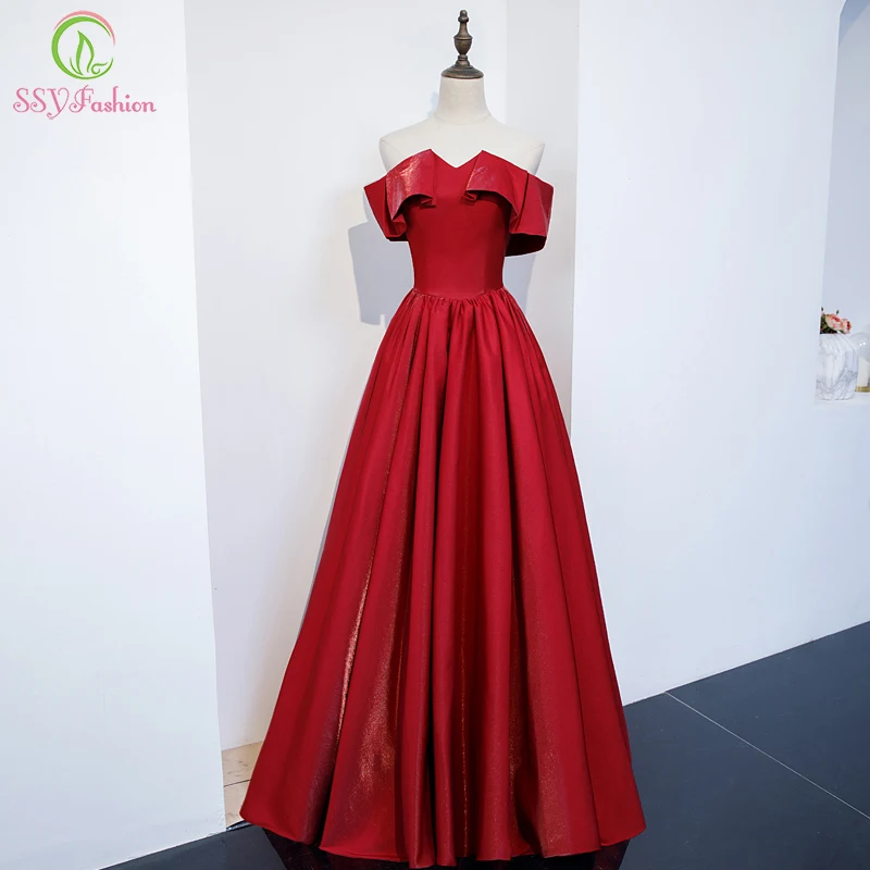 Женское атласное вечернее платье SSYFashion элегантное простое винного цвета с