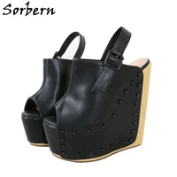 sorbern custom women sandal summer shoes wedges high heel slingback black with wooden style heels studs open toe shoe platform