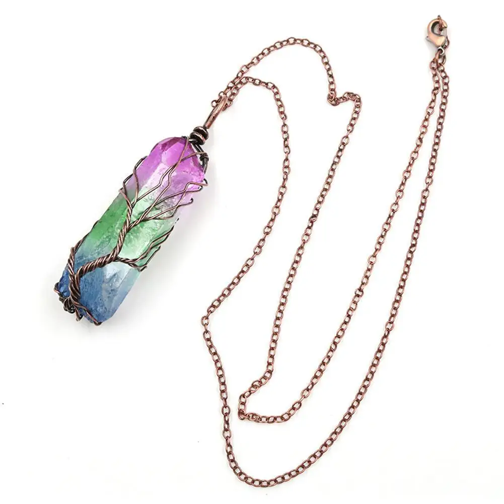 Natural Stone Rainbow Quartz tree of life Pendant Necklace Women Men Pendulum Reiki Healing Chakra Boho Jewelry Colorful