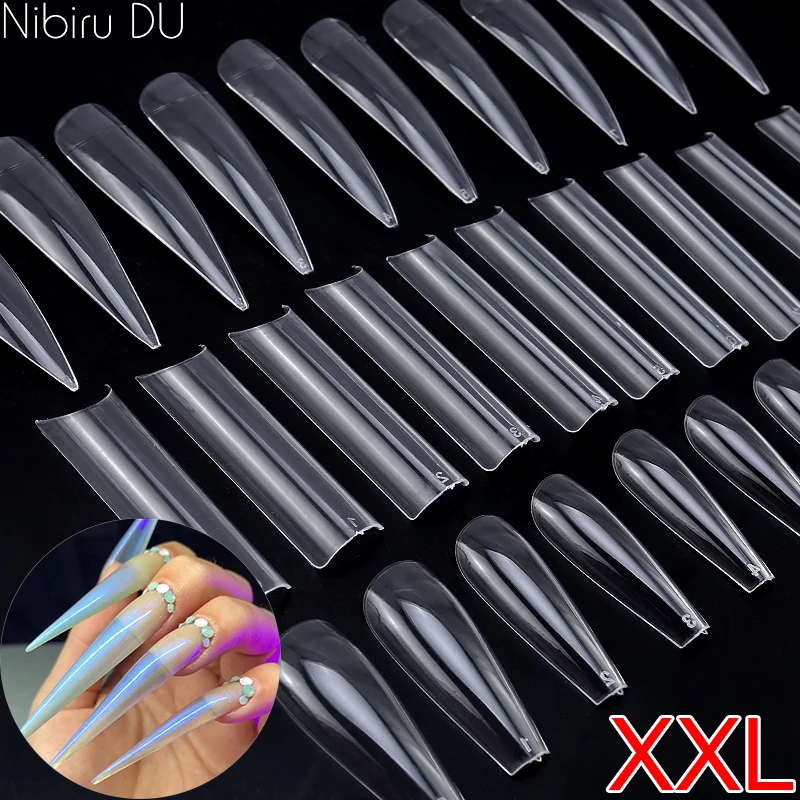 XXL False Nail Tips Extension Full Cover Sculpted Transparent Natural Artificial Fake Nail Gel Tips Nail Art Manicure Tools