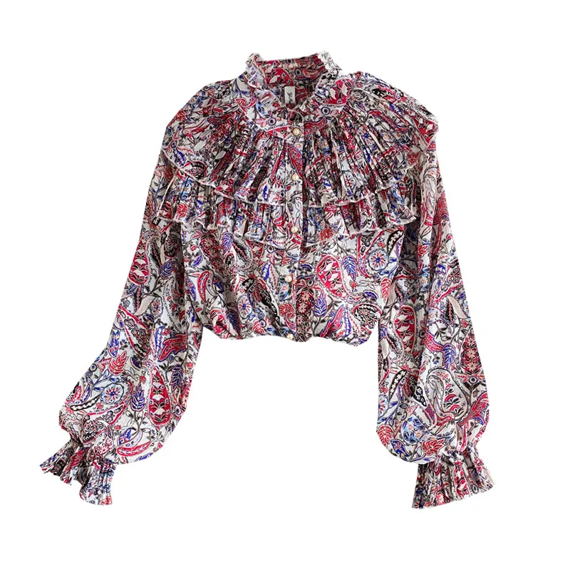 

Spring Autumn New Fashion Retro Stand Collar Floral Shirt Women's Loose Ruffled Wild Lantern Sleeve Top UK791