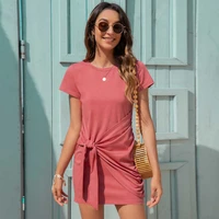summer o neck tie bandage dress for women 2021 new casual solid color short dress cotton ladies sexy mini party dresses