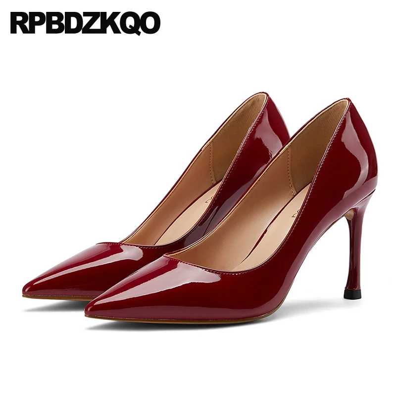 

Thin High Heels Stiletto 8cm Pumps Wine Red Pointed Toe Casual Slip On Scarpin 2021 Size 4 34 Ladies Patent Leather Shoes Office