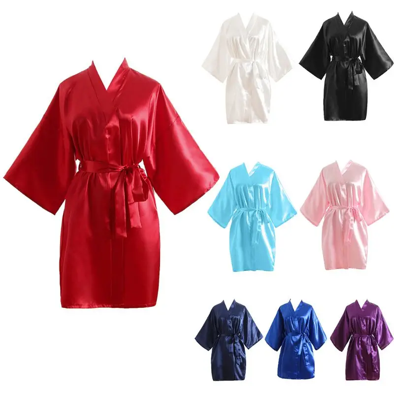 

Simulation Silk Solid Color Sexy Women Nightgown V-Neck Short Kimono Bathrobe Gown Q1FE