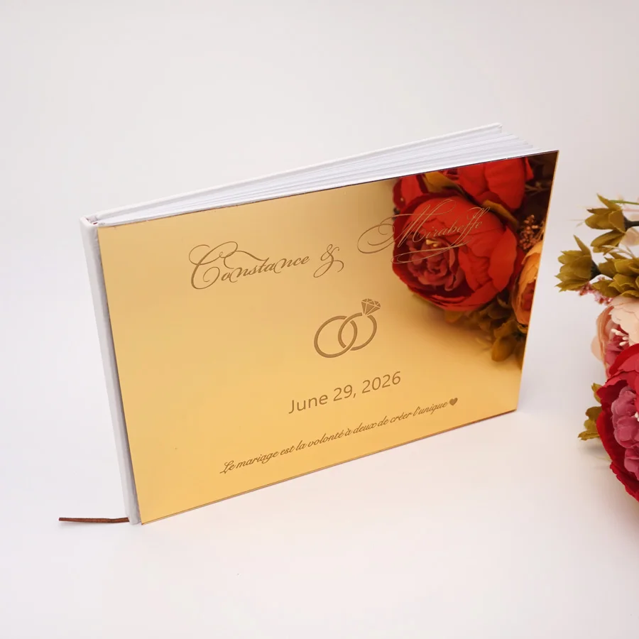 Custom Horizontal Check in Book Personalized Acrylic Mirror Diamond Double Rings Design Cover Wedding Signature Guestbook