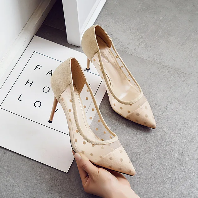 Женские винтажные босоножки на высоком каблуке с острым носком в горошек Q625