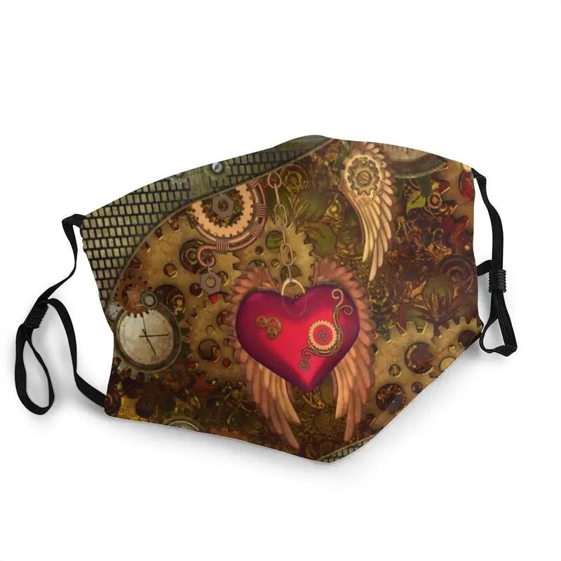 

Steampunk Heart With Wings Face Mask Anti Haze Dust Metal Mechanical Gears Mask Protection Respirator Washable Mouth Muffle