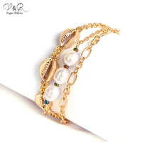 new jewelry 2020 triple layered fresh water pearl ocean sea shell conch charm pendent bracelet for women accessories