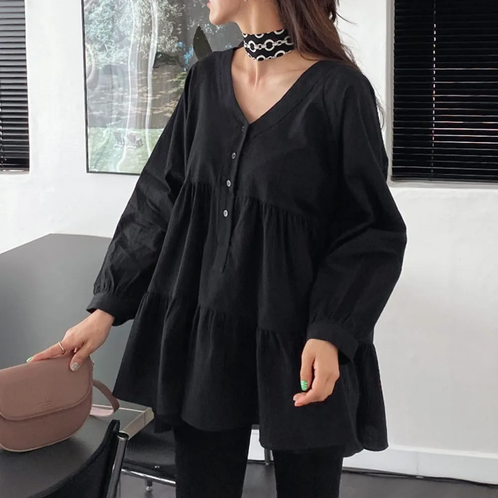 

Женская блуза с V-образным вырезом, длинным рукавом и складками