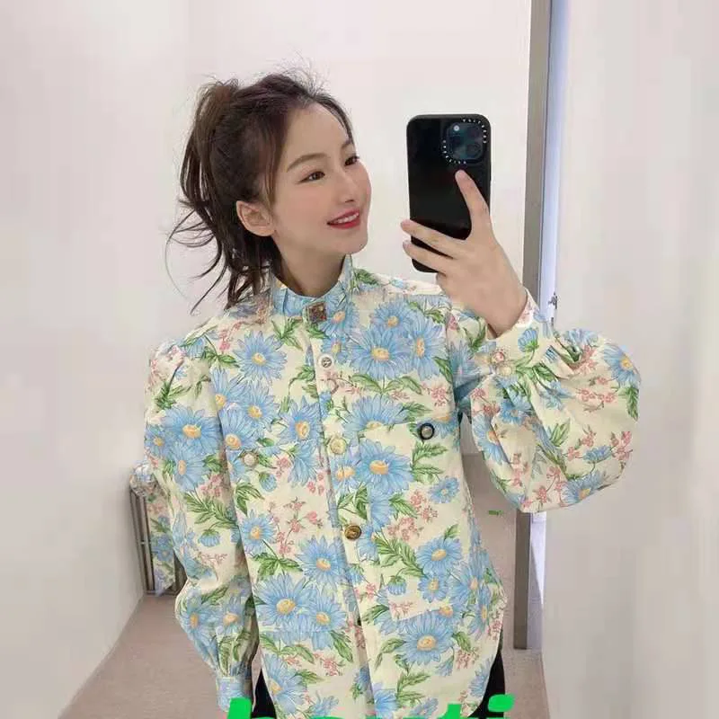 

Korean Fashion Elegant Puff Sleeve Shirt Small Fresh Loose Long-Sleeved Printed Blouse Women Casual Fall Clothes 2021