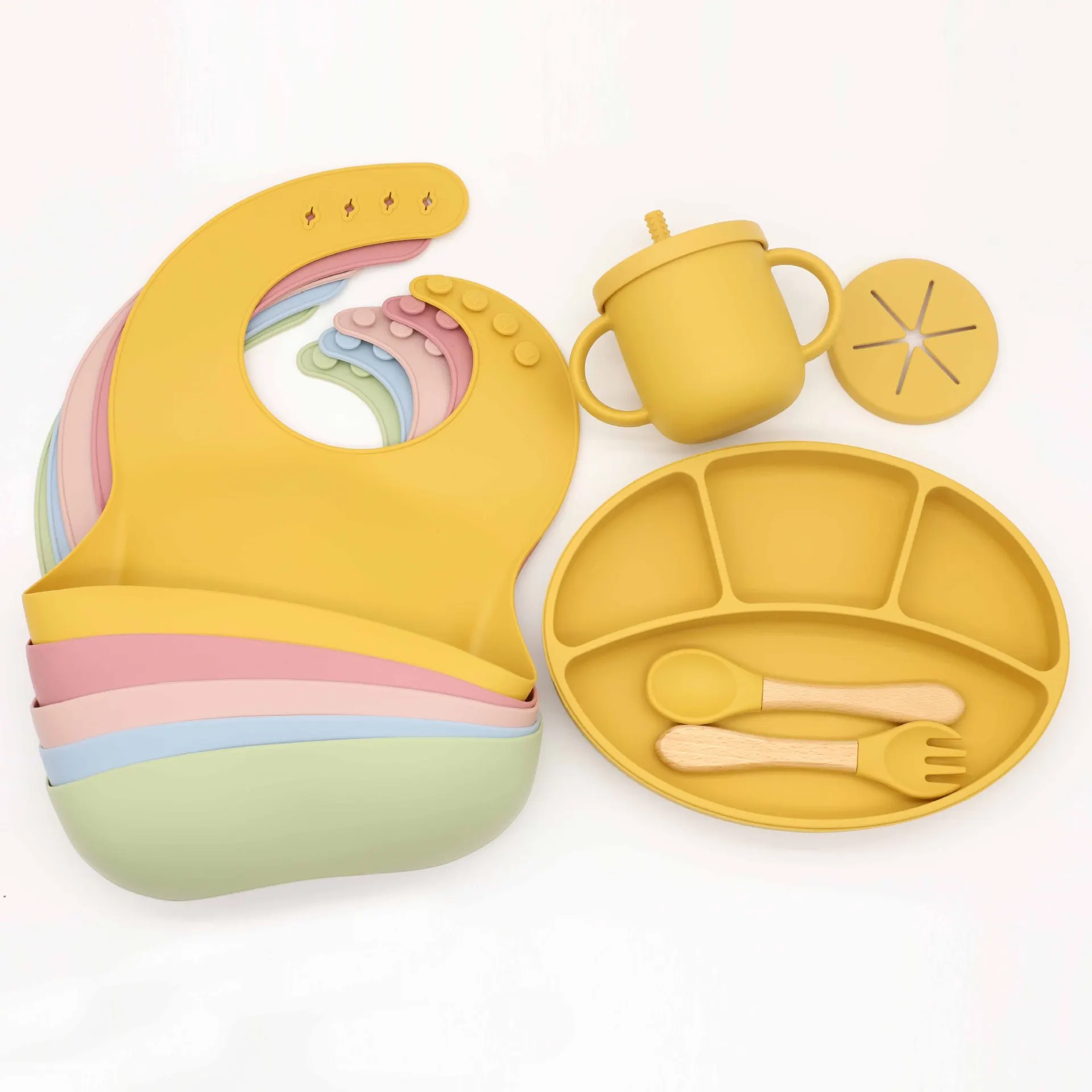 

Baby Feeding Set Infant Waterproof Bibs Tableware Anti-fall Dining Table Silicone Plate Suction Bowl Cup Infant Feeding BPA Free