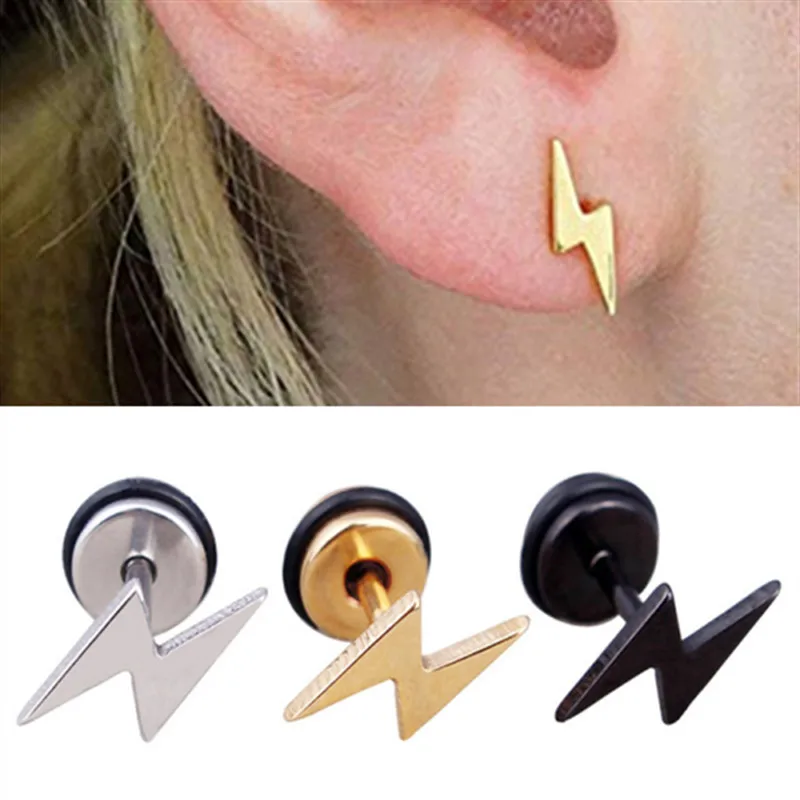 Unisex Punk Thunder Earrings Stainless Steel Women Men Jewelry Gift Lightning Bolt Stud Piercing | Украшения и аксессуары