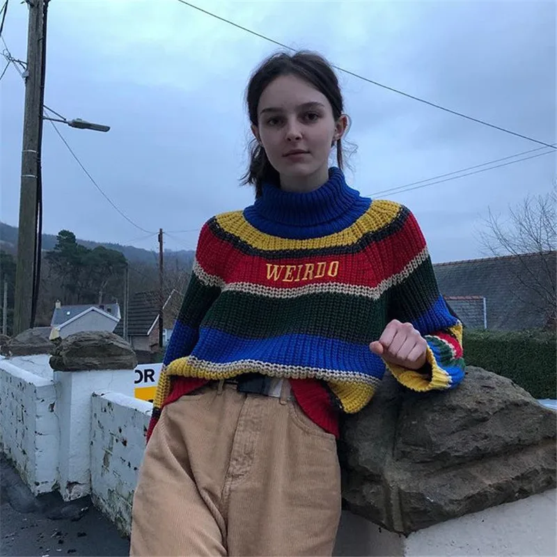 Женский полосатый свитер с высоким воротом MONMOIRA вязаный пуловер вышивкой зимний