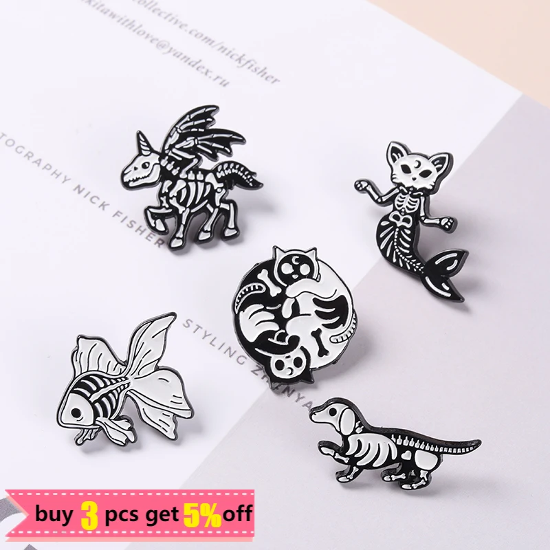 Эмалевые значки в виде животных скелета кошка собака броши рыба панк Готическая
