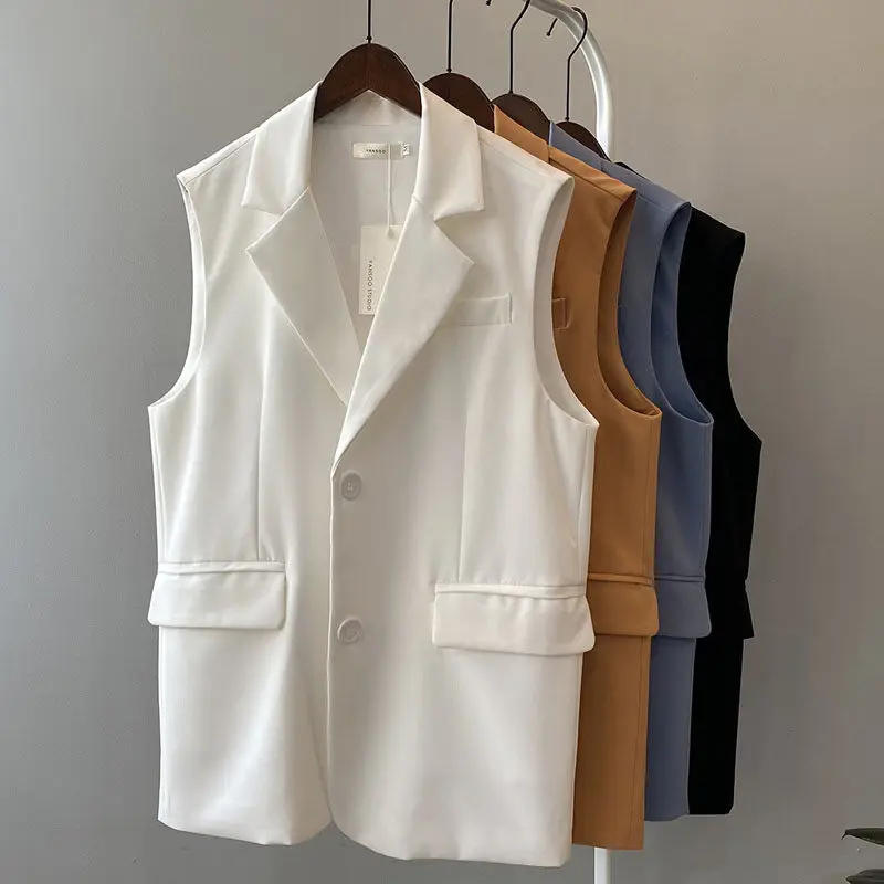 

2021 New Women Simple Sleeveless Single Breasted Vest Jacket Office Ladies Wear Casual Suit Waistcoat Pockets Outwear Tops aq386