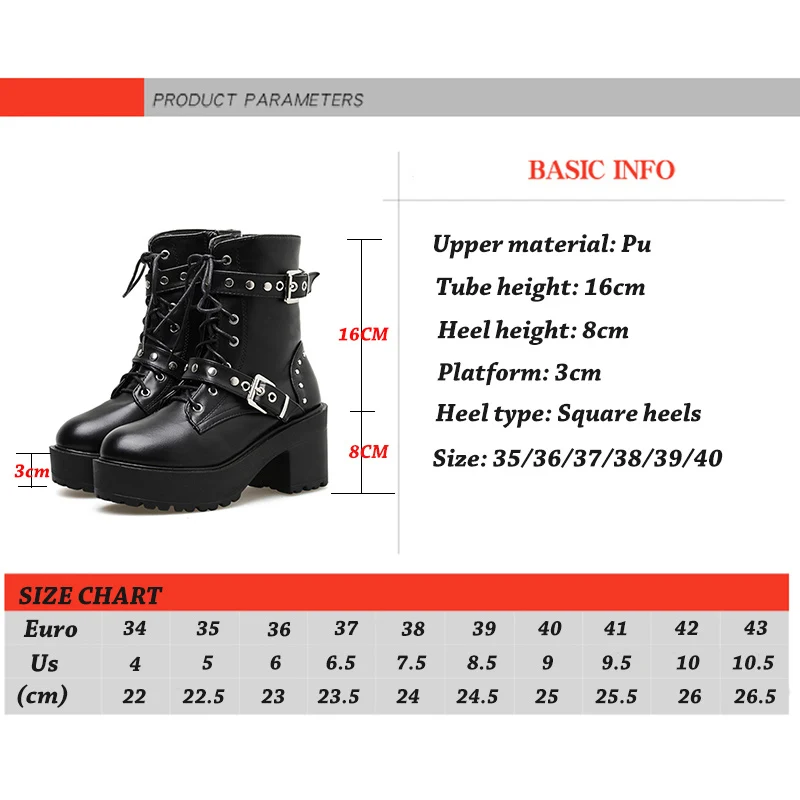 

Lucyever vintage rivet buckle motorcycle boots women chunky platform black Punk ankle boots woman high square heels short botas