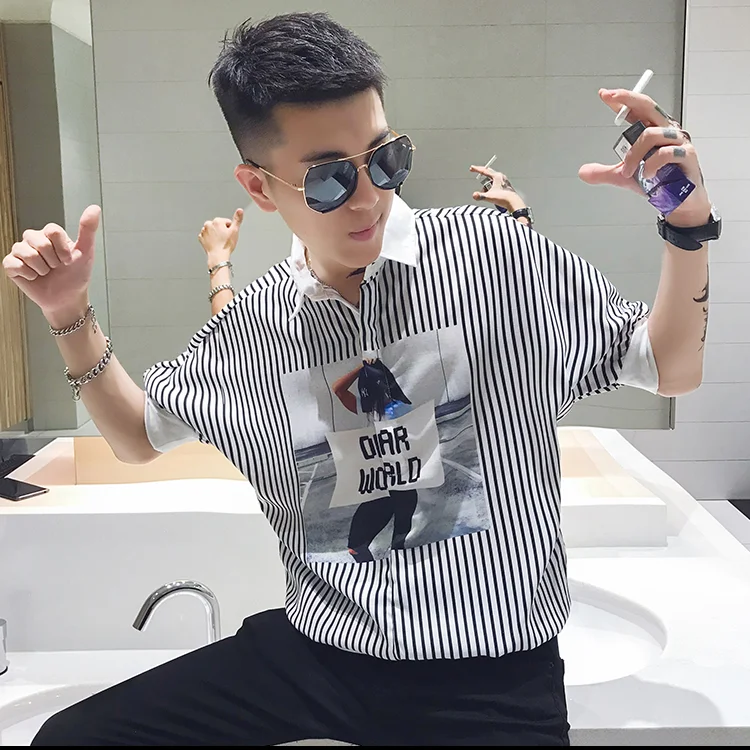 

2021 Spring New Striped Pullover for Men Slim Fit Corset Mens Half Shirts Fashion Printed Blouse Homme Hip Hop Streetwear Camisa