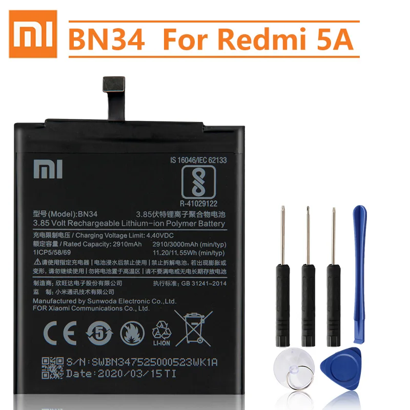 Xiao Mi оригинальная запасная батарея BN34 для Xiaomi Redmi 5A аутентичная телефона 3000