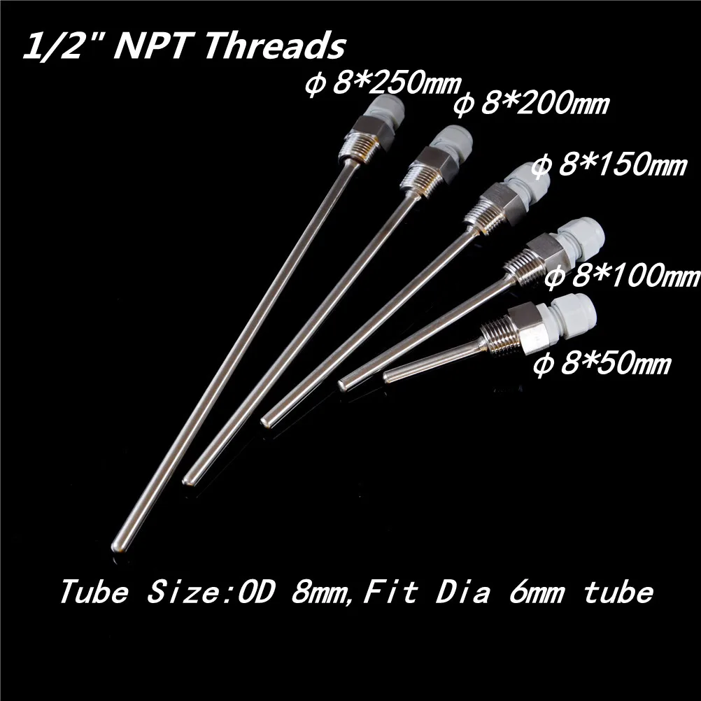 

50/100/150/200/250mm Stainless Steel Thermowell 1/2" NPT Threads For Temperature Sensors OD 8mm