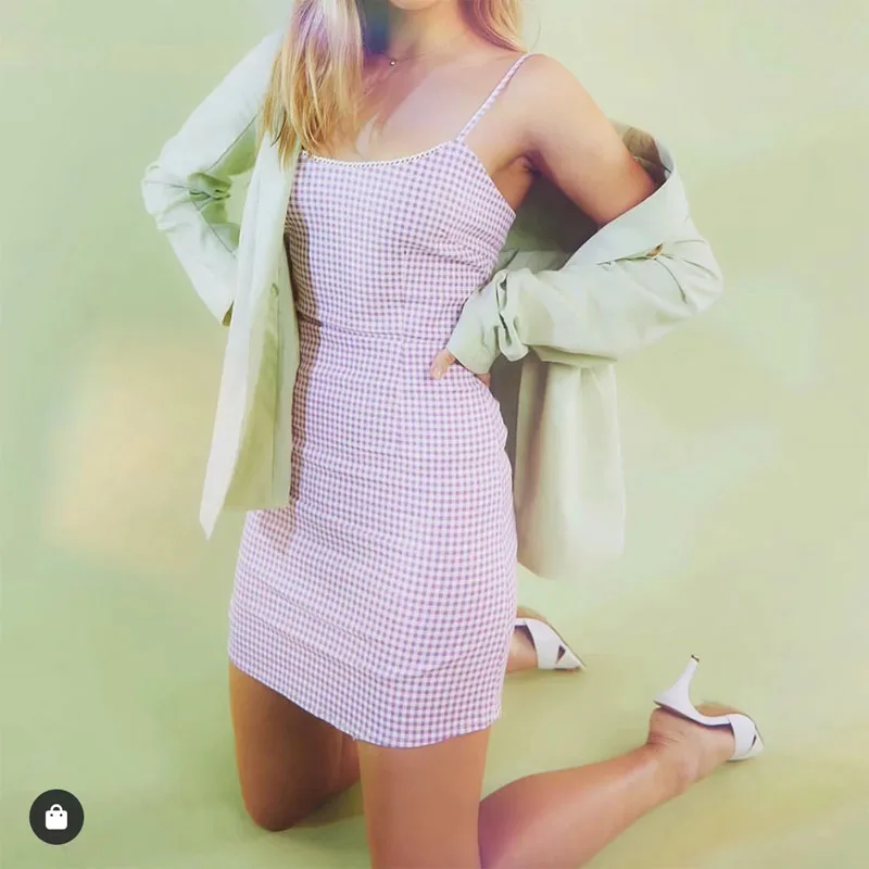 Винтажное клетчатое кружевное мини-платье на бретельках летнее женское
