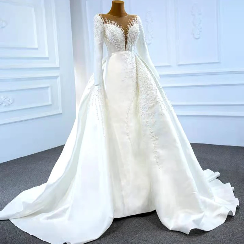 J67215 JANCEMBER Elegant White Wedding Dresses 2020 Long Sleeve Satin Sexy V-Neck Pearls Beading A-Line