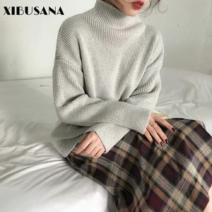 Свитер XIBUSANA для женщин, новинка зимы 2020, однотонные свободные толстые пуловеры с высоким воротником и длинным рукавом, женские вязаные топы для офиса