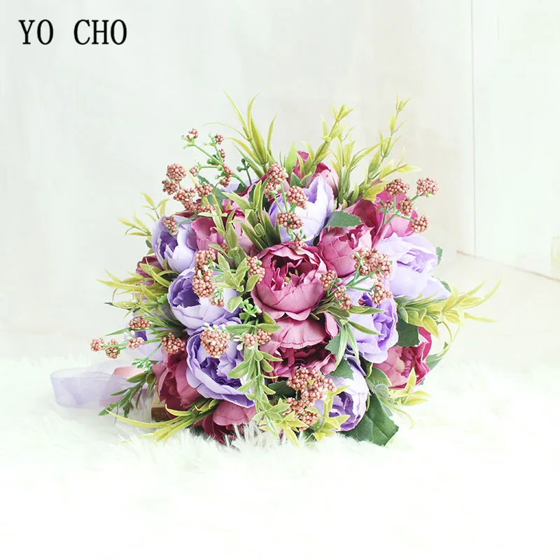 Type 2 purple YO CHO шелковые розы свадебный букет для подружек невесты свадебные букеты белые розовые Искусственные цветы Свадебные принадлежности украшение дома - Цвет: Type 2 purple