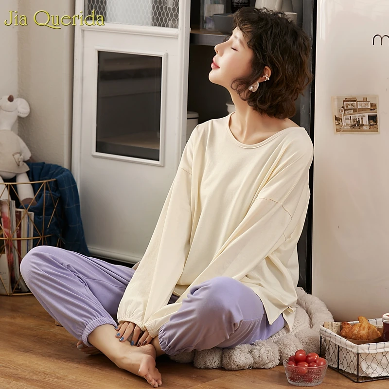 Новая Осенняя Пижама для женщин Хлопковая пижама с длинным рукавом голубой топ