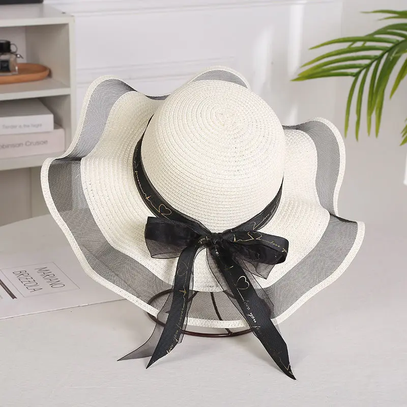 

Foldable Big Brim Floppy Girls Straw Hat Sun Hats With Bowknot Elegant Protection Shading Fashion Beach Caps For Women 2021