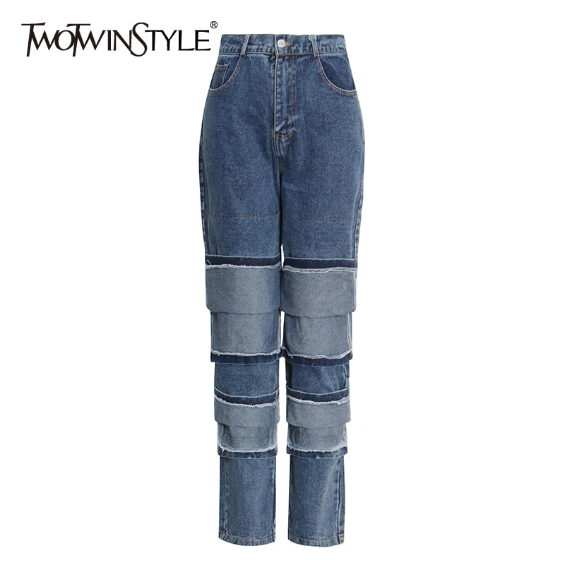 

TWOTWINSTYLE Streetwear Jeans For Women High Waist Slim Fit Irregular Patchwork Denim Pants Female 2021 Autumn Fashion New