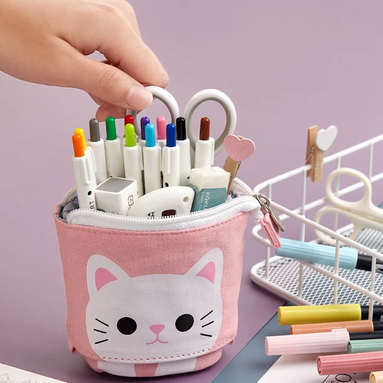 

1pc Pencil Bag Case Cartoon Cute Cat Bear Sheep Canvas Fold Standing Holder Stationery Organizer Kids Kawaii Gift A6445