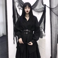 women blouse punk black vintage gothic shirts long sleeve turn down collar female shirt top blusas with belt skirt 2 piece set