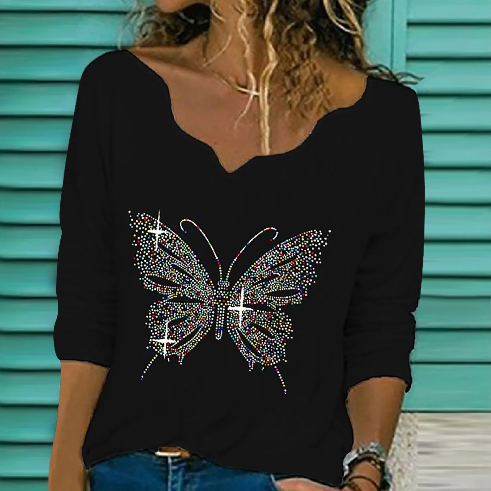 

Fashion Women Tops Butterfly Diamond Embroidery Lace Collar Long Sleeve T-Shirt Top Casual Plus Size Pullover Top Women Clothing