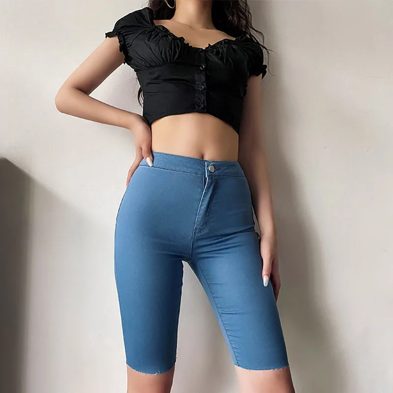 

Skinny Denim Shorts for Female Bermuda Stretch Solid Raw Hem Hot Jeans Women's Fashion 2021 Cycling Short Trousers Summer