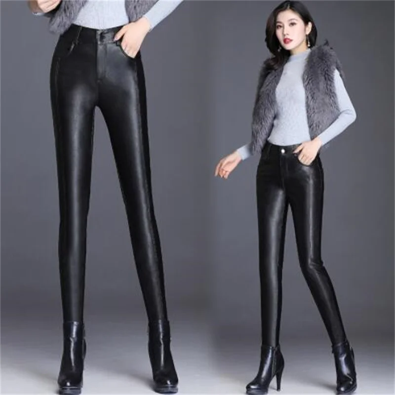 cashmere leather pants women's autumn winter tight-fitting stretch leggings trousers casual small feet black