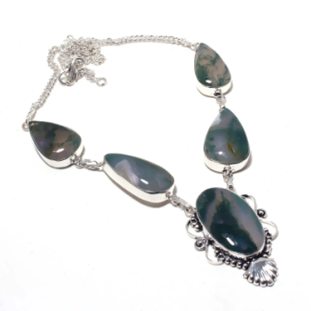 

Moss Agates Necklace Silver Overlay over Copper, 52 cm , N4273