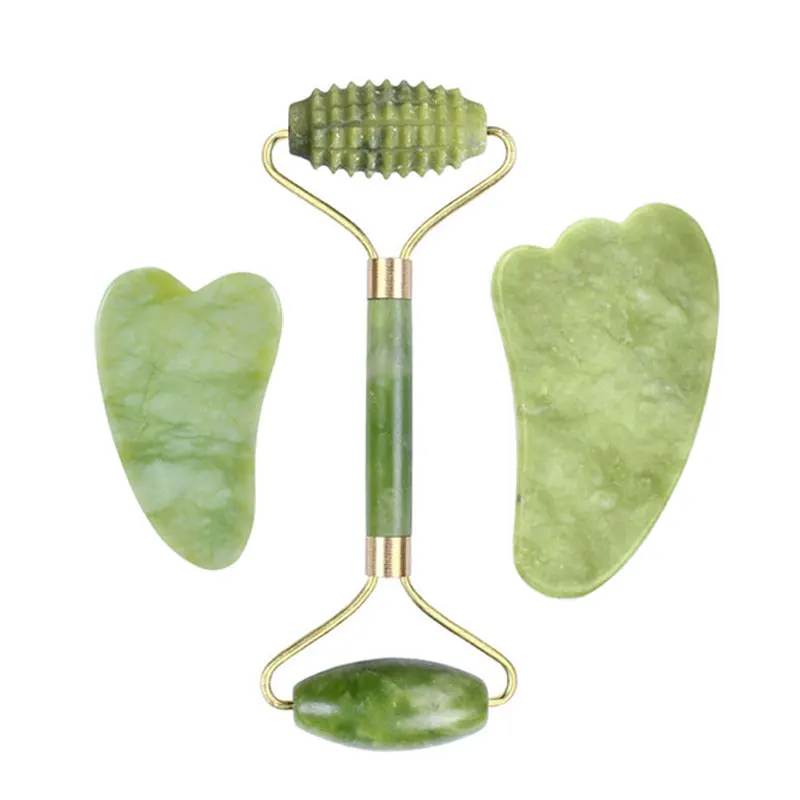 Натуральный нефритовый валик массажер для лица с напылением из гуаша скребок