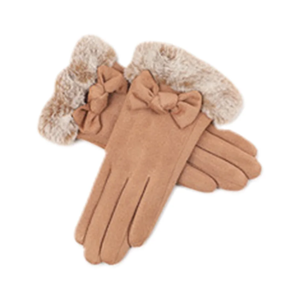 

Adult Faux Suede Full Finger TouchScreen Windproof Outdoor Autumn Cozy Bow Tie Soft Warm Thicken Women Winter Gloves Fluffy