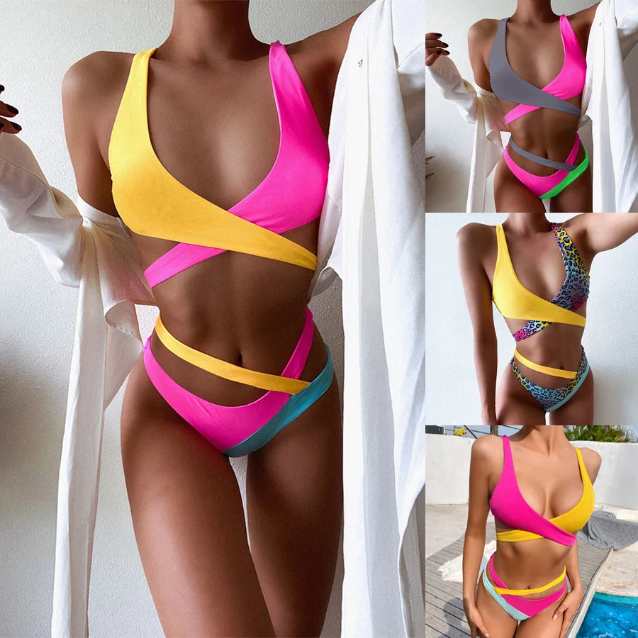 

Women's Swimsuit Bathing Suits Color Matching Bandage Bikini High Waist Beach Wear Swimwear 2021