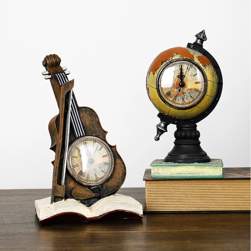 

Retro Violin Globe Table Clocks Creative Earth Figurine Home Office Crafts Cabinet Window Desktop Resin Cube Globe Decoration