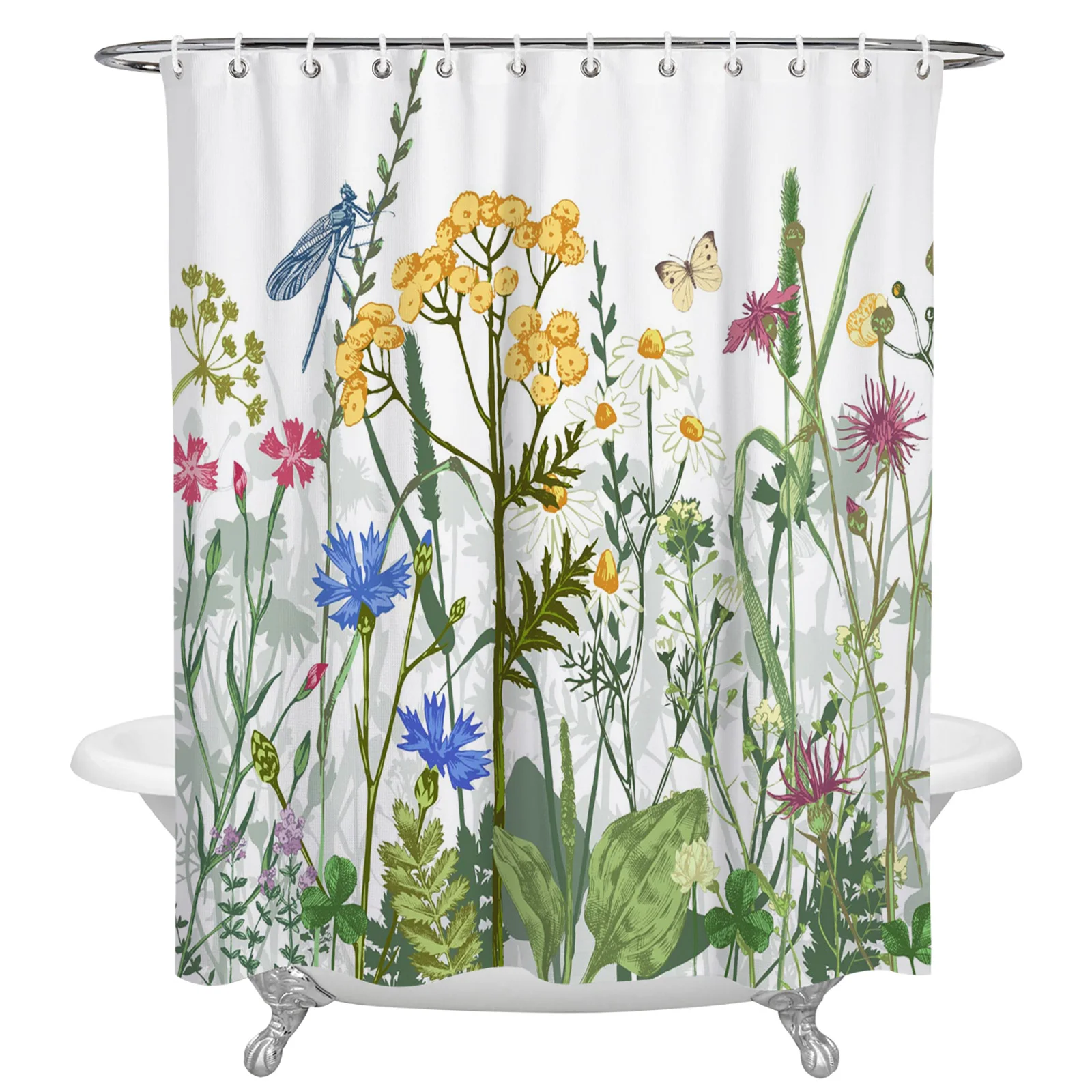 

Занавеска для душа с цветами, бабочками, стрекозой