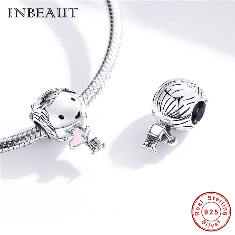 INBEAUT Настоящее 925 пробы Серебряное розовое сердце мальчик Бусины fit Pandora браслет Европейский DIY мужской студенческий талисманы Новое поступление ювелирных изделий