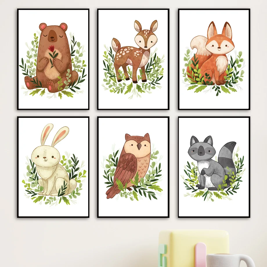 

Wall Art Print Canvas Painting Cartoon Rabbit Bear Deer Fox Owl Jungle Nursery Nordic Poster Wall Picture Baby Kids Room Decor