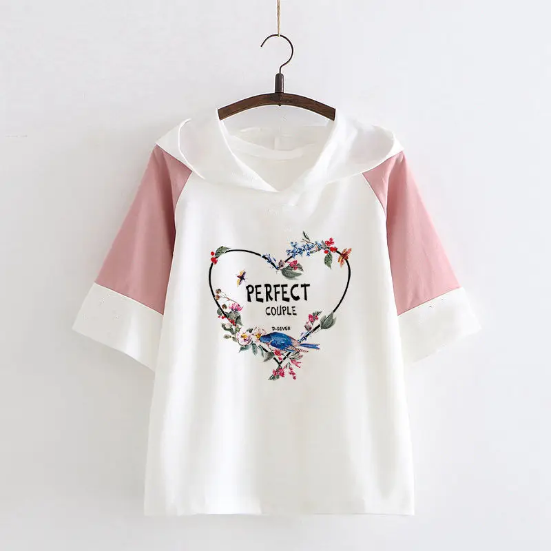 

Japanese Girl Cute Kawaii T Shirt Women Short-sleeved Loose Casual Heart-shaped Print Tops Tees Female Harajuku Hooded T-shirts