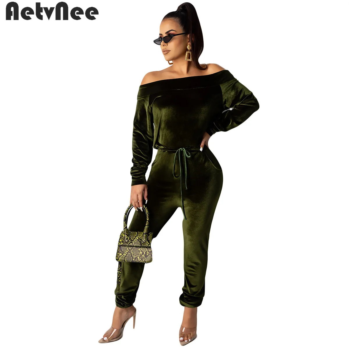 

AetvNee Autumn Winter Women Set Solid Off Should Long Sleeve Top Pencil Pants with Pockets Casual Street Two Piece Matching Sets