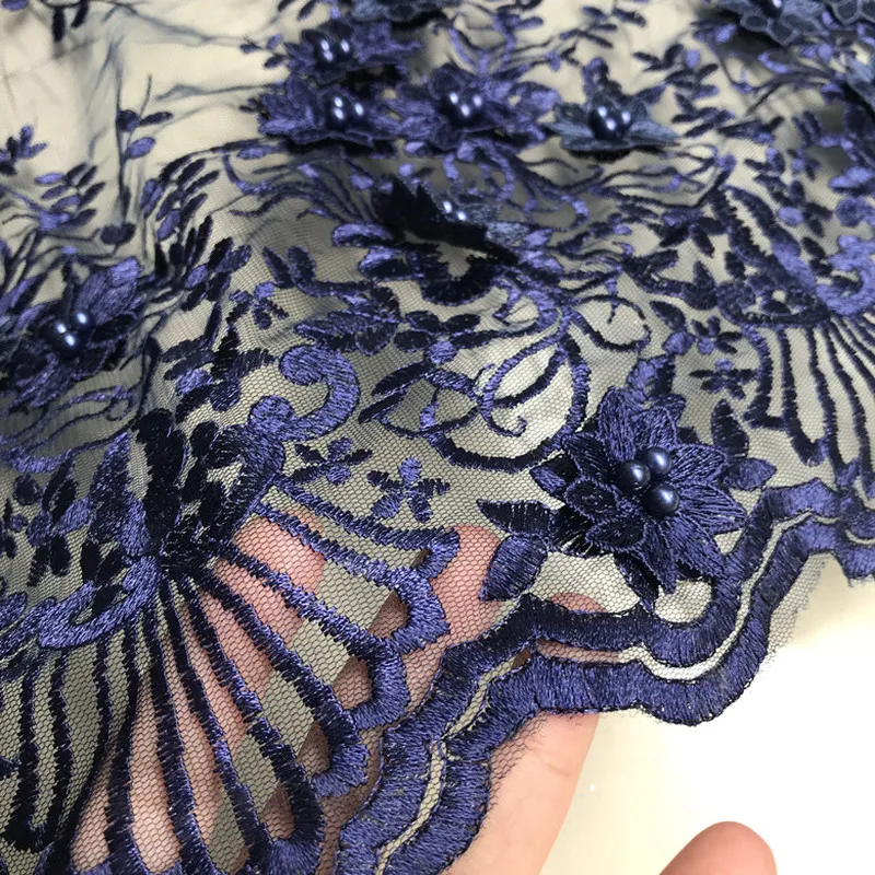 3 Ярд/партия синяя вышитая кружевная ткань сетчатая с бусинами для ногтей платьев