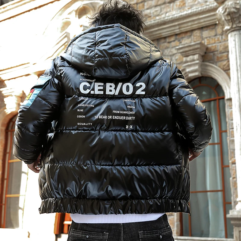 Winter Thick Warm Hooded Coat Men Handsome Fashion Bright Leather Cotton-padded Street Fashion Casual Sports Clothes