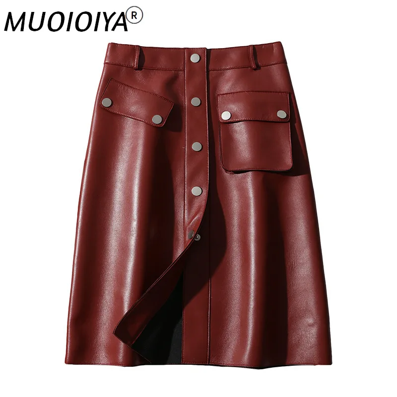 

Women Genuine Leather Skirt Spring Autumn Streetwear Casual Office Work Wear Bodycon A-line High Waist Skirt Black Burgundy